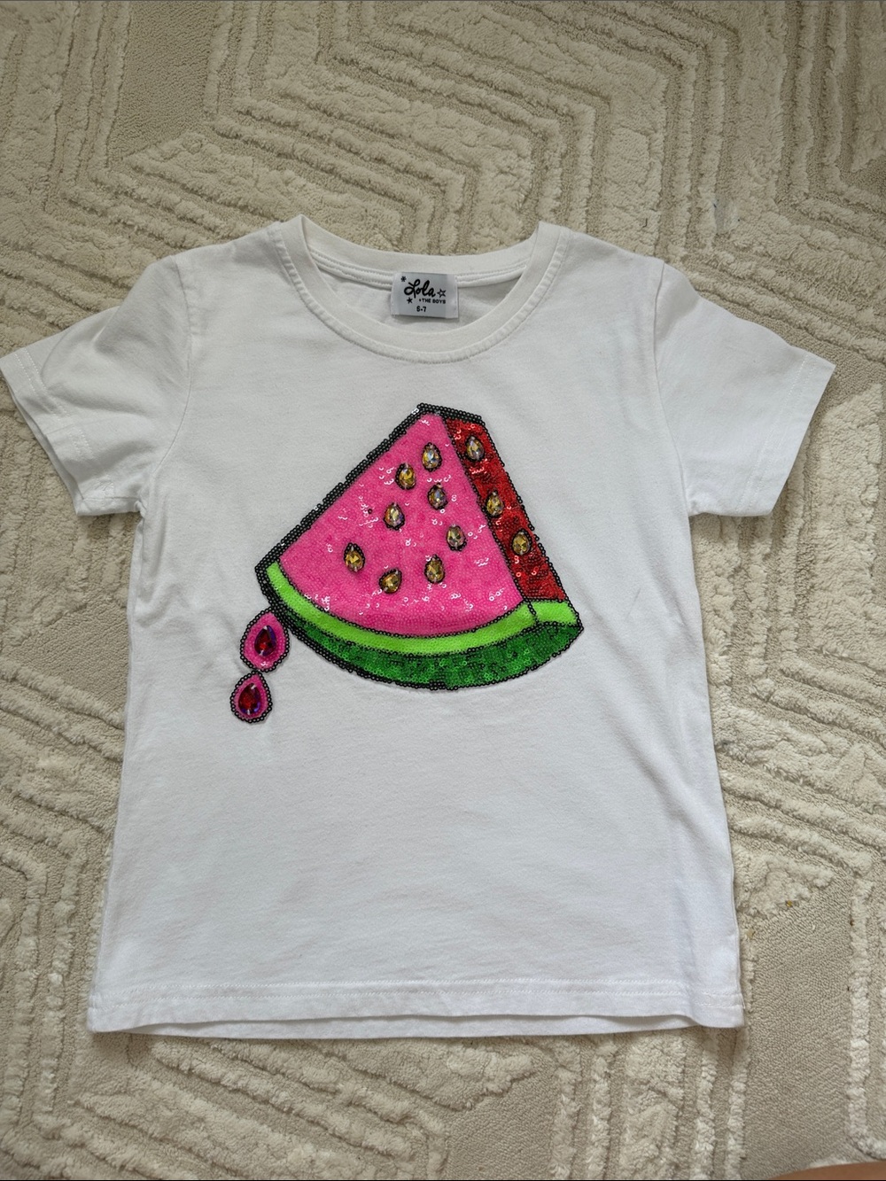 Lola + The Boys White Tee with Pink & Green Sequin Watermelon